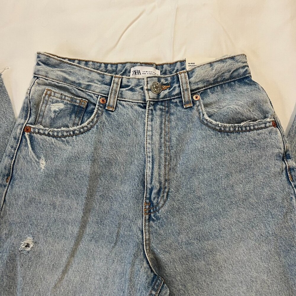 Zara Hi-Rise Cropped Wide Leg Distressed Light Wash Denim Jeans | Size 4 - Picture 3 of 10